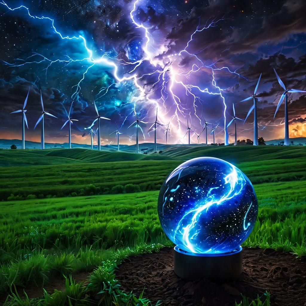 A mesmerizing cosmic landscape filled with swirling galaxies and vibrant electric blue lightning bolts, intertwining with lush green fields dotted with innovative eco-friendly technologies like solar panels and wind turbines. A glowing celestial orb symbolizes the electrical force, radiating energy throughout the scene, merging the cosmos with nature's elements. super-realistic. vibrant colors. dynamic composition.