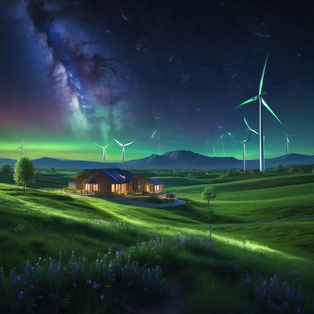 A captivating visualization depicting the transformation of electromagnetic energy flowing from outer space into eco-friendly technology. On one side, a beautiful starry sky with constellations and vibrant auroras, transitioning into solar panels and wind turbines bathed in soft sunlight. Incorporate elements of nature, like green landscapes and blooming flowers, symbolizing harmony with technology. The overall tone should evoke a sense of innovation and sustainability. super-realistic. vibrant colors. 3D.