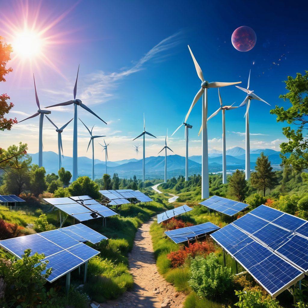 A futuristic cityscape where solar panels and wind turbines coexist harmoniously with nature, showcasing vibrant greenery and a clear blue sky. Include cosmic elements like distant planets and colorful nebulae, symbolizing space phenomena influencing energy. The environment is thriving, with people engaging in sustainable practices. Enhance the scene with bright, inviting colors and a dynamic perspective. super-realistic. vibrant colors.